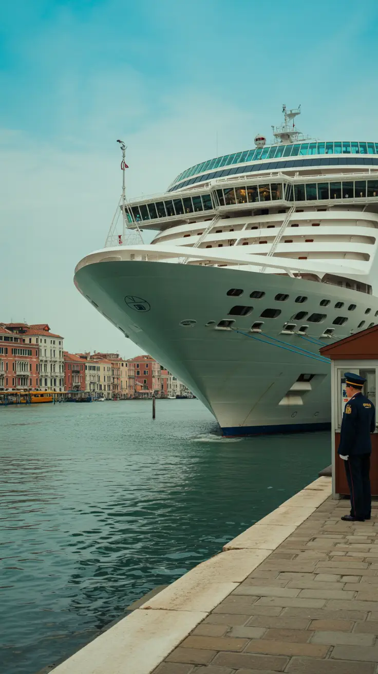 A large cruise ship docked beside the Venice cruise port terminal, its gleaming white hull reflecting in the calm blue-green water; beside it, a uniformed Italian customs officer stands near a small inspection booth; in the background, traditional Venetian architecture with red-tiled roofs frames the harbor under a clear sky.