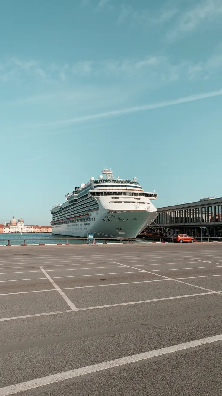 A wide view of the Venice cruise port with a large white cruise ship docked alongside a modern terminal building; in the foreground, a clean, paved parking lot with a few parked cars and clear markings; the background shows the soft outline of Venice’s historic buildings under a clear blue sky.