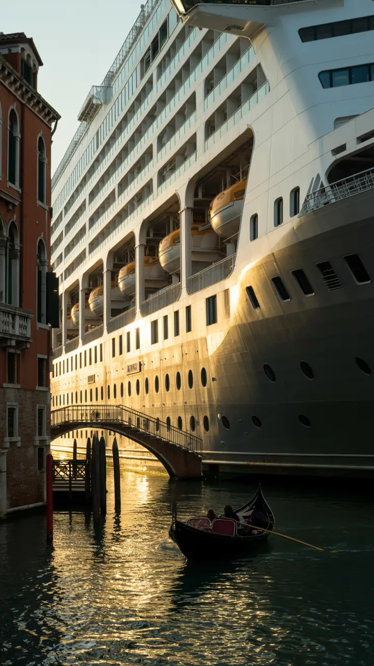 A massive cruise ship looms in the background, its towering structure dwarfing the historic stone buildings of Venice along the canal. In the foreground, a small gondola glides quietly across the water, its sleek black shape contrasting sharply with the ship’s enormous white hull. The soft golden light of early evening casts long shadows, highlighting the delicate arches of a nearby footbridge.