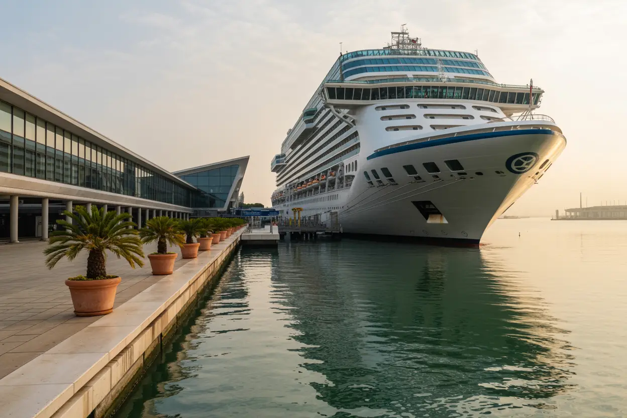 A wide-angle view of the Venice Cruise Terminal shows a large, modern cruise ship docked beside a sleek terminal building with glass walls and metal accents. In the foreground, a gently curving pedestrian walkway lined with potted palms leads toward the ship. The calm water of the lagoon reflects the soft morning light, casting gentle ripples beneath the docked vessel.