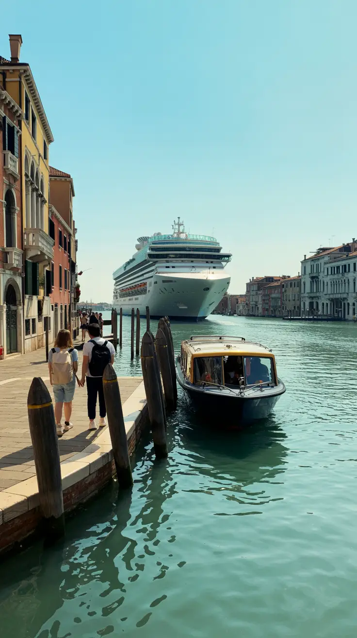 A bustling Venetian canal under a soft morning light, with a large white cruise ship anchored in the background near the city’s edge; in the foreground, a few tourists with daypacks and cameras disembark from a small shuttle boat onto a stone pier lined with weathered wooden posts; reflections of Renaissance facades shimmer in the gentle ripples of the green-blue water.