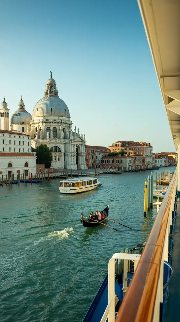 A sun-drenched view from the deck of a cruise ship as it glides past the iconic canals of Venice: in the foreground, a gondola gently cuts through emerald waters; to the left, the graceful domes and white stone of the Basilica di Santa Maria della Salute glow in the afternoon light; in the distance, another cruise ship docks in a modern Mediterranean port, with sleek terminal buildings and rows of contemporary architecture contrasting Venice’s timeless charm.