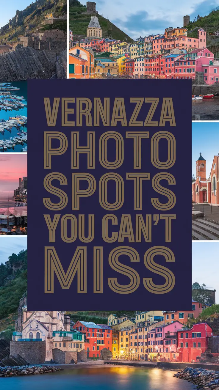 A photo collage of Vernazza, a small coastal village in Italy, featuring scenic views of the harbour, colorful houses, and the Church of Santa Maria Assunta, set against a dark blue background with bold white lettering in the foreground reading "Vernazza Photo Spots You Can't Miss".