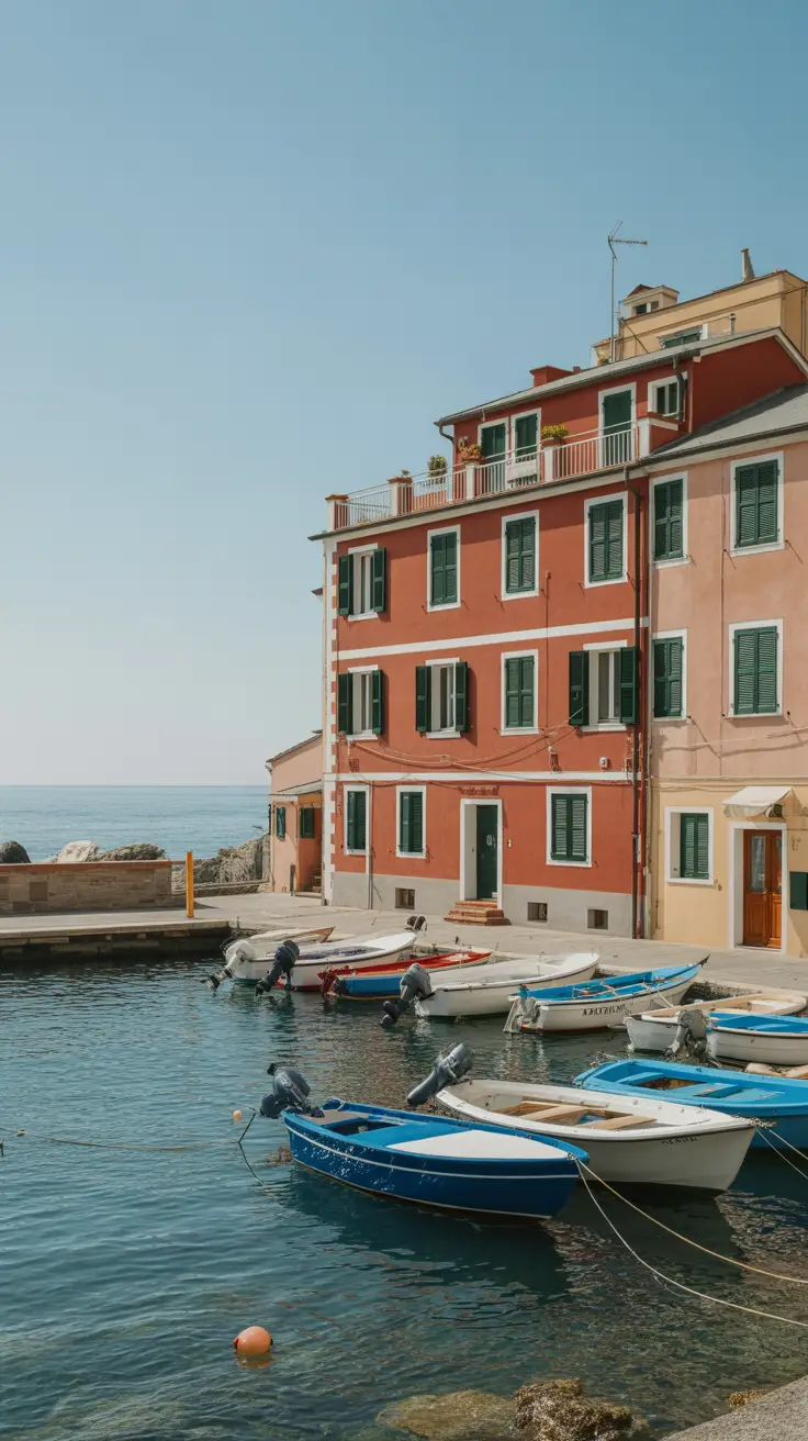 A photo of a cruise ship leaving the port of Riomaggiore, Cinque Terre, Italy, with colorful hillside buildings in the background. In the foreground is a large dark-colored box featuring bold white text that reads "Riomaggiore Secrets Cruise Tours Miss." The text is surrounded by a vibrant collage including a map of Cinque Terre, an image of the town, and a photo of a cruise ship.