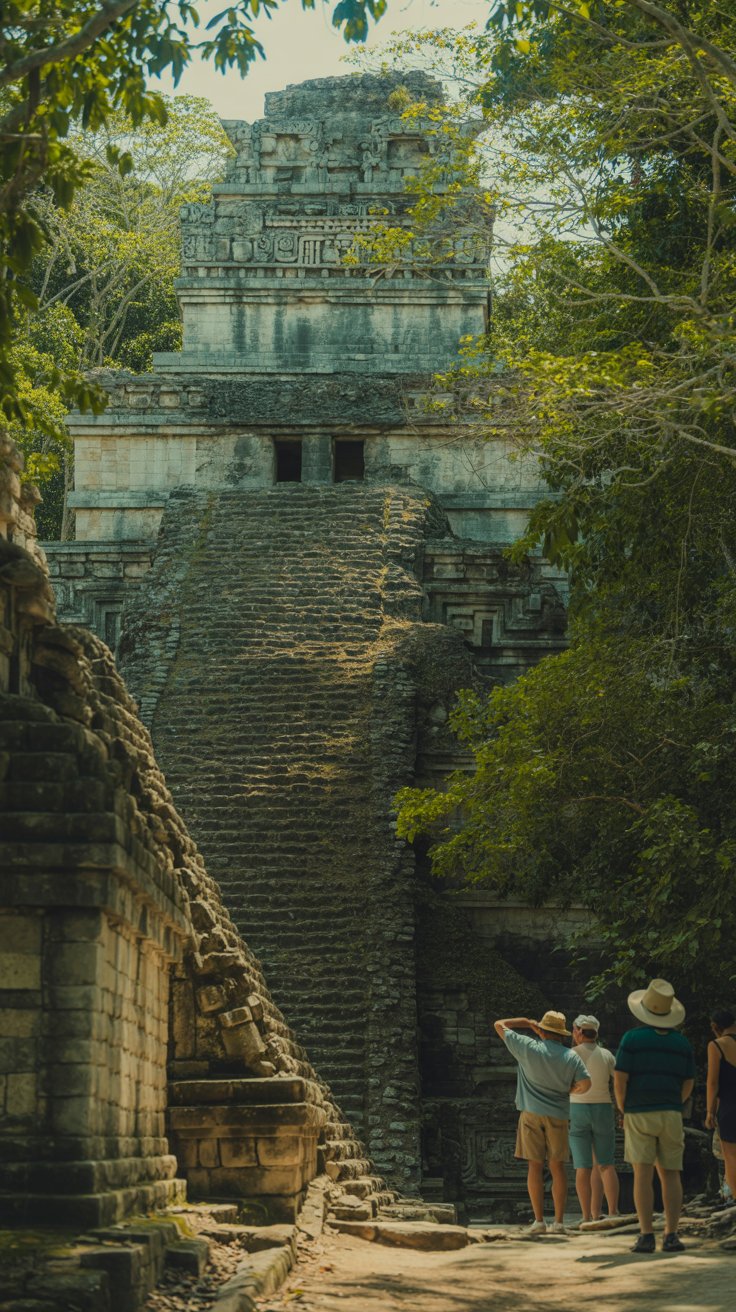 A photograph of ancient Mayan ruins partially overgrown with lush tropical vegetation. A crumbling stone pyramid dominates the center of the frame, its steps worn smooth by centuries of weather and use, with intricate carvings still visible on the facade. A few tourists in khaki shorts and sun hats are scattered respectfully near the base of the pyramid, appearing small against the grandeur of the structure. Soft sunlight filters through the dense jungle canopy, casting dappled shadows across the weathered stone and highlighting the vibrant green foliage surrounding the ruins.