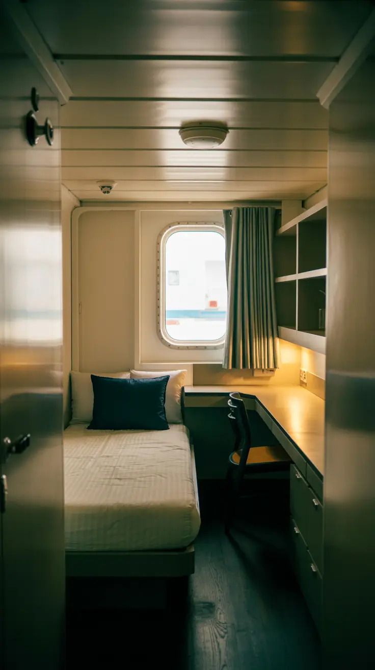 A compact, neatly arranged cabin aboard a cargo ship featuring a single bed against one wall, a porthole allowing natural light, and a narrow desk with built-in shelving; the scene is rendered in realistic style with muted metal tones and soft lighting for a utilitarian yet comfortable feel.