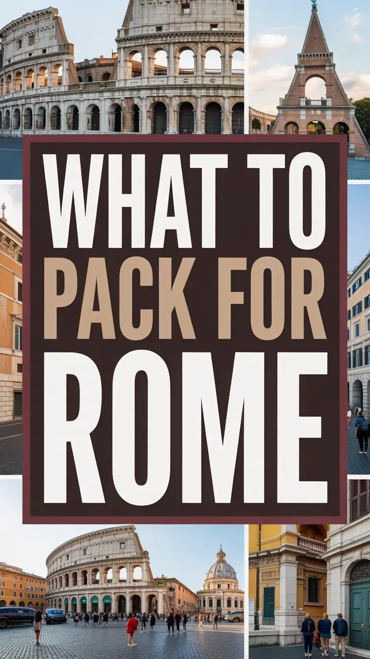 Bold white text saying "What to Pack for Rome" stands out in a dark box, surrounded by a vibrant collage of realistic travel-themed images.