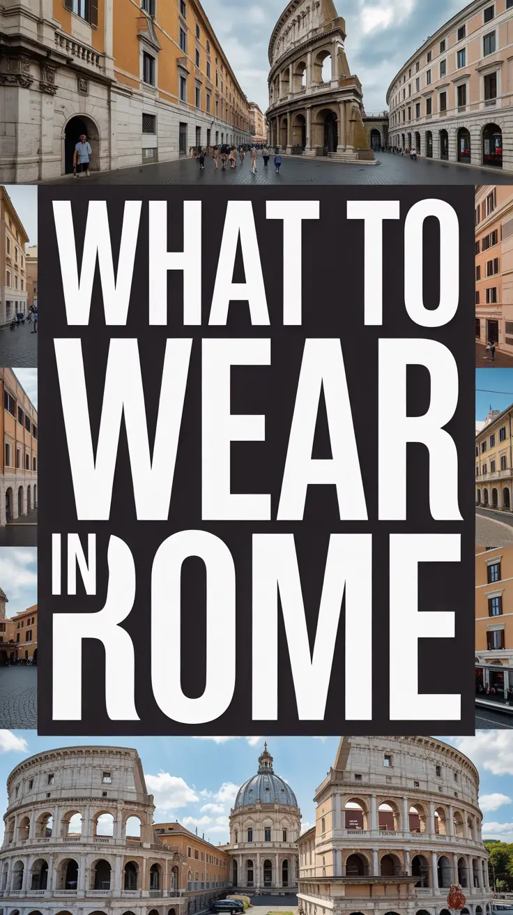 Bold white text reading "What to Wear in Rome" in a dark box, surrounded by a vibrant collage of realistic travel-themed images.