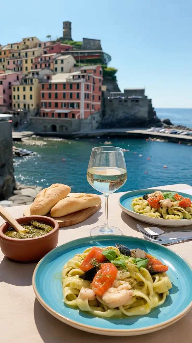 A photo of a cruise ship docked near the cliffs of Cinque Terre, Italy, with colorful hillside buildings in the background and a foreground basket filled with fresh fish, tomatoes, and olives—local Cinque Terre delicacies—with a bold text overlay reading "Cinque Terre Foods Cruise Passengers Crave."