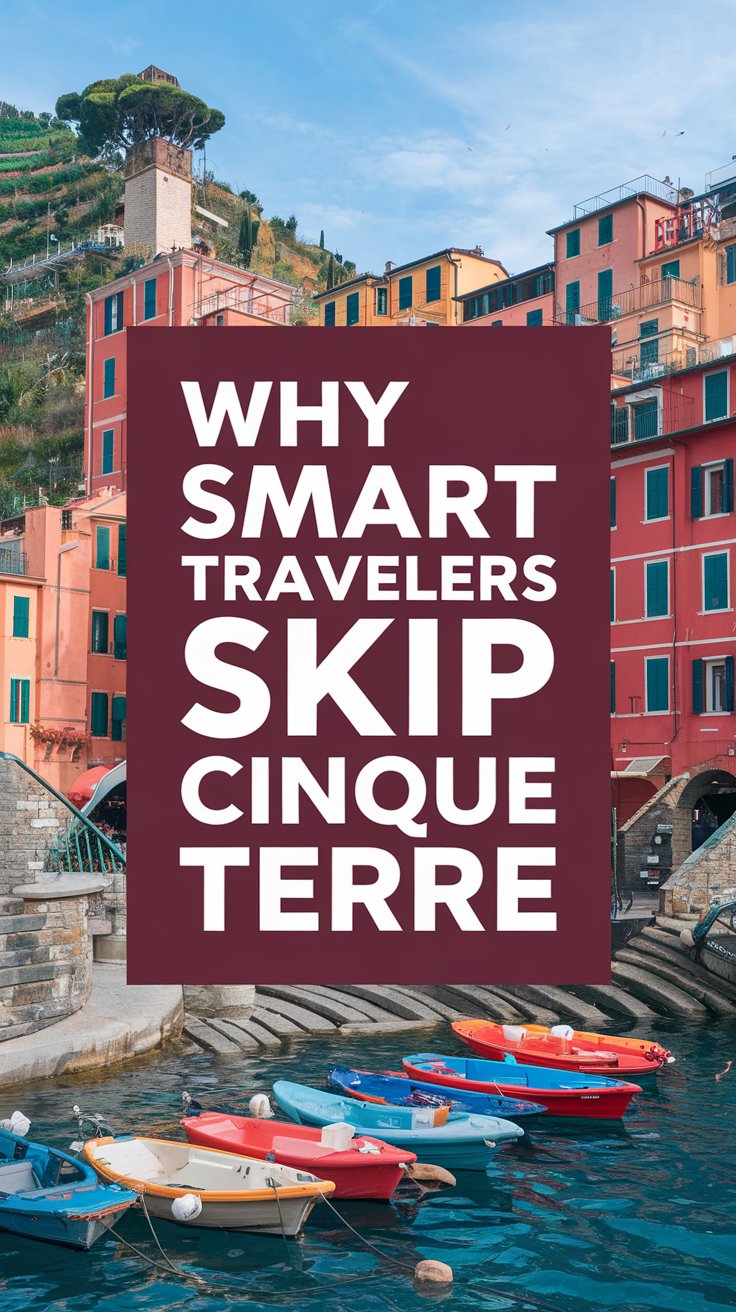 Big text overlay saying: Why Smart Travelers Skip Cinque Terre. It's designed to immediately grab attention with its thick, distinctive lettering set prominently in a big dark colored box, utilizing a simple yet striking bold white color for the text. Surrounding this eye-catching typography, a collage of vibrant images.
