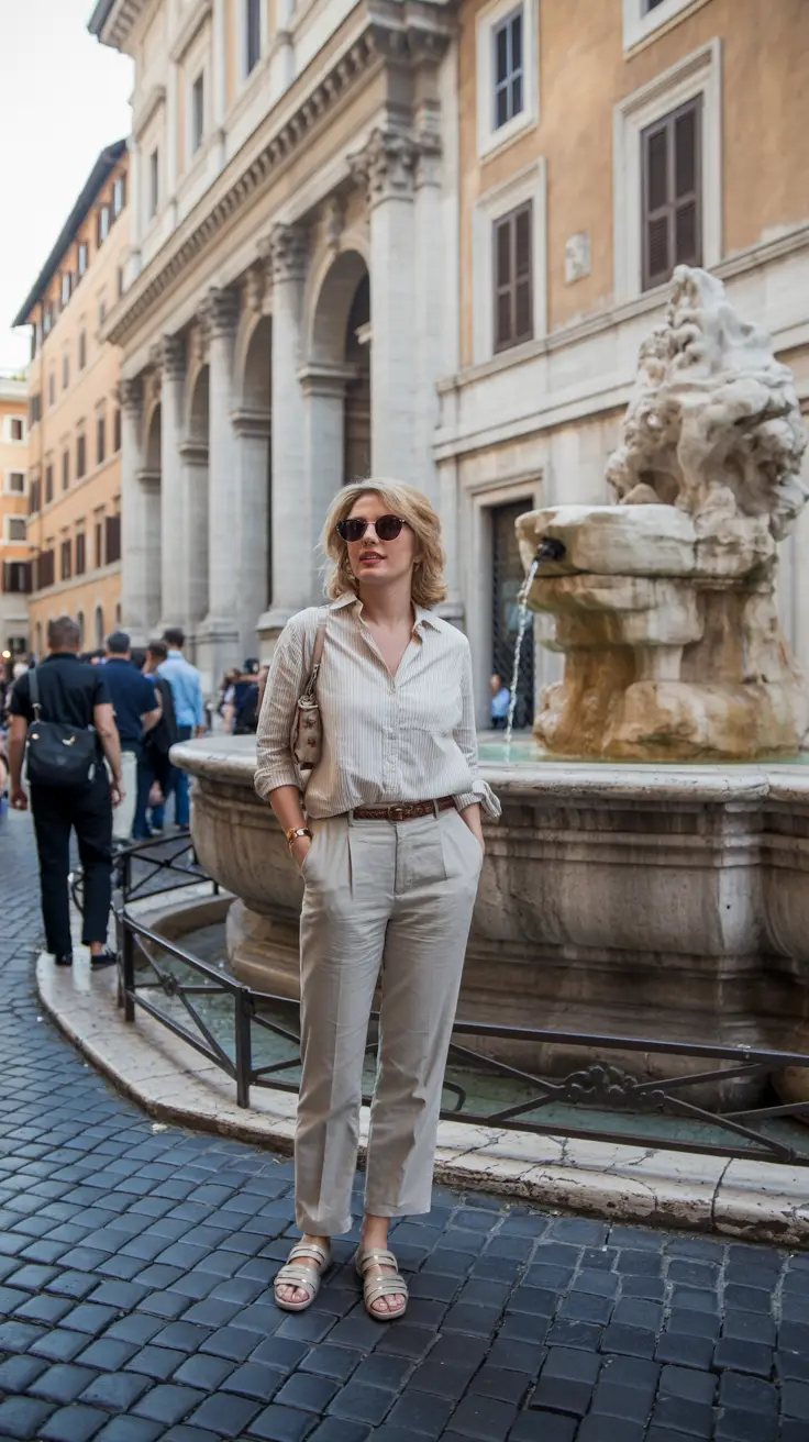 A stylish woman confidently walks through the cobblestone streets of Rome in a flowing linen dress, oversized sunglasses, and a woven straw hat, with warm late afternoon sunlight illuminating colorful historic buildings in the background—evoking sophisticated cruise fashion and effortless travel elegance.