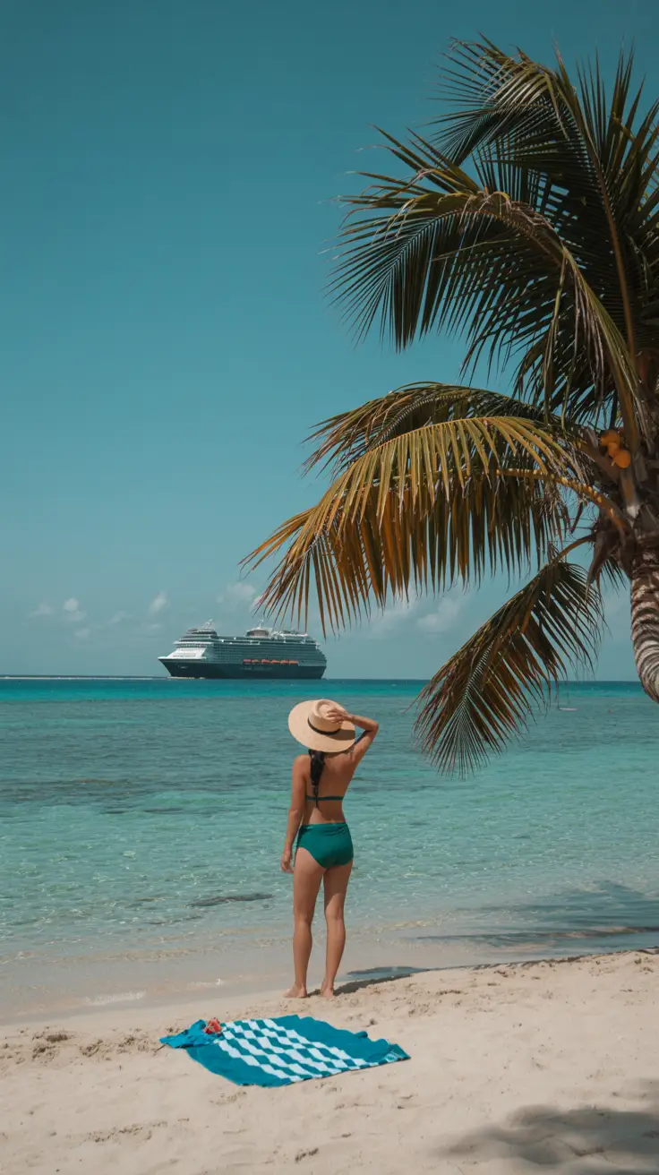 A vibrant travel blog header image showing a pristine white sand beach in Aruba with turquoise waters, a distant luxury cruise ship, and a colorful beach umbrella casting a shadow on the sand under a bright blue sky with scattered white clouds, highlighting the theme "8 Aruba Cruise Mistakes to Avoid."
