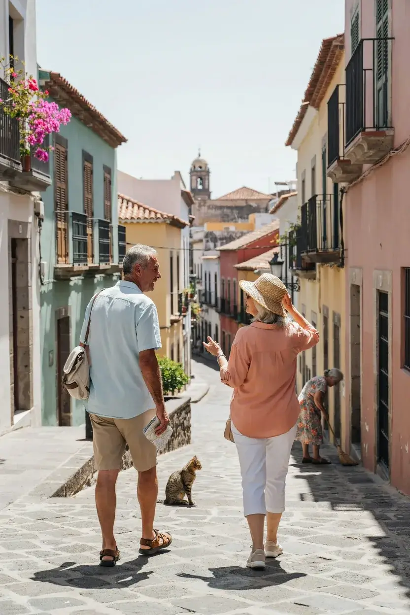 Two travellers in their sixties walking down a cobbled street of coloured houses in Santa Cruz de Tenerife.
