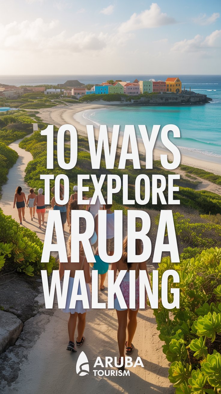 A vibrant lifestyle advertisement for the Aruba tourism board showcasing a diverse group of people exploring Aruba’s unique landscapes on foot. The image features a winding coastal path leading to a turquoise ocean and white sand beach, framed by lush green vegetation and colorful Dutch colonial buildings under warm golden sunlight—evoking joyful discovery and active adventure.