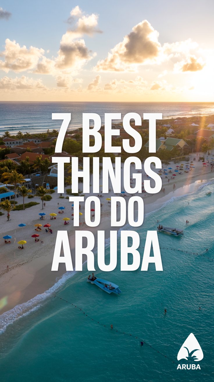A vibrant travel poster showcasing the "7 Best Things to Do in Aruba" with a pristine turquoise beach backdrop, a gracefully leaning palm tree in the foreground, swaying fronds, clear azure water reflecting sunlight, and fluffy white clouds in a bright blue sky.
