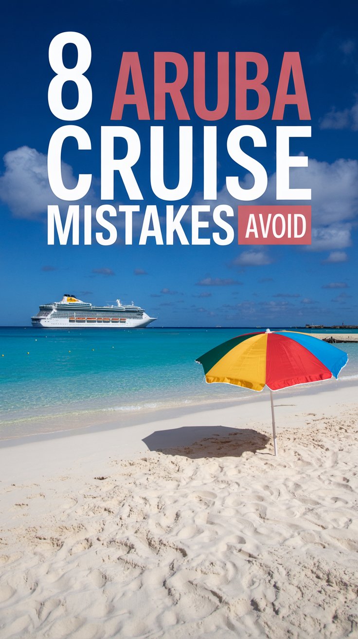 A vibrant travel blog header image titled "8 Aruba Cruise Mistakes to Avoid," featuring a pristine white sand beach in Aruba with gentle waves of turquoise water, a distant luxury cruise ship on the horizon, a colorful beach umbrella casting a shadow on the sand, and a clear blue sky with fluffy white clouds—capturing the tropical allure and common pitfalls for cruise travelers.