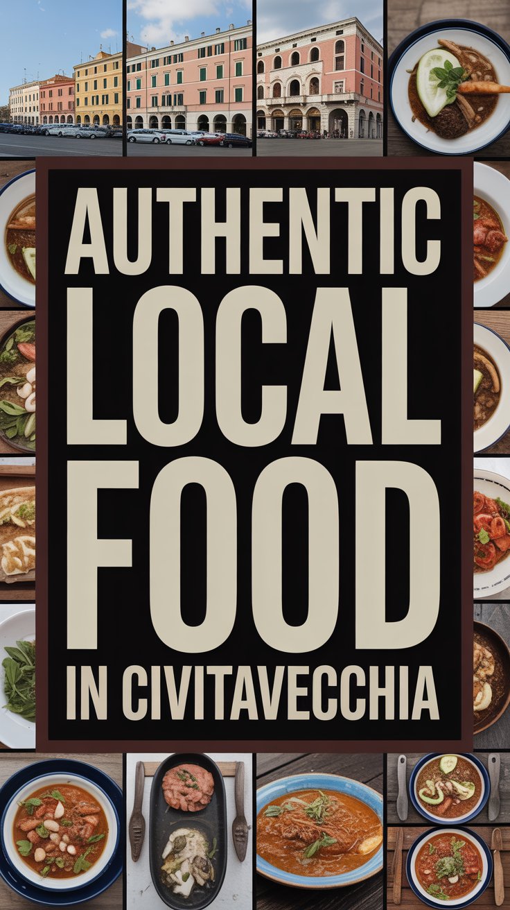 Authentic local food in Civitavecchia highlighted with bold white text on a dark box, surrounded by a vibrant collage of realistic food imagery.