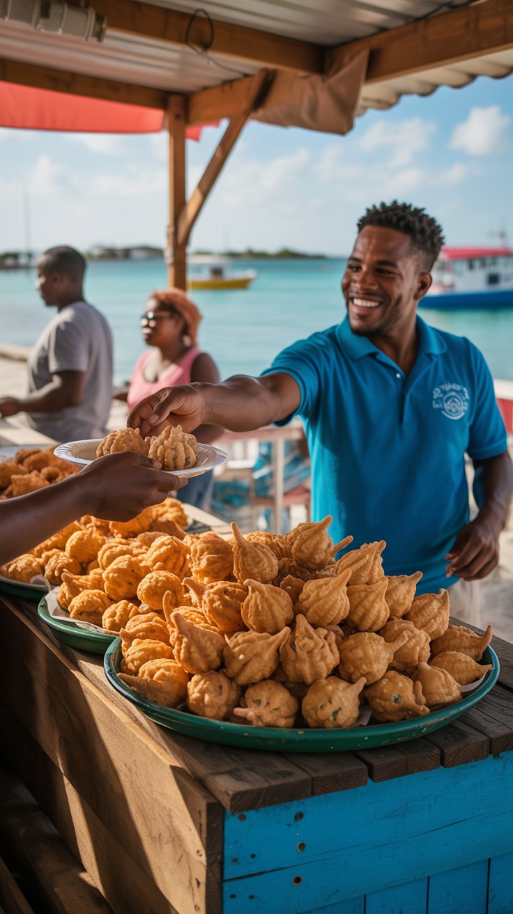 A photograph of a vibrant outdoor scene at Arawak Cay in Nassau, Bahamas. A wooden stall laden with golden-brown conch fritters sits in the foreground, showcasing a variety of fried delights. A smiling local vendor wearing a bright blue shirt stands behind the stall, extending a platter towards the viewer as a few customers look on in the background. The scene is bathed in warm, natural light, with turquoise water and colorful boats visible in the distance, creating a lively and authentic Bahamian atmosphere.