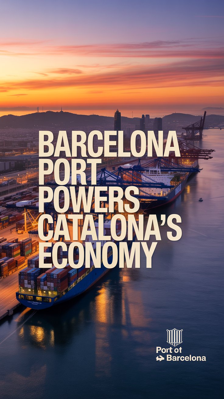 A vibrant infographic poster of Barcelona Port bustling with container ships and cargo activity, set against the city skyline, highlighting its role in powering Catalonia’s economy.
