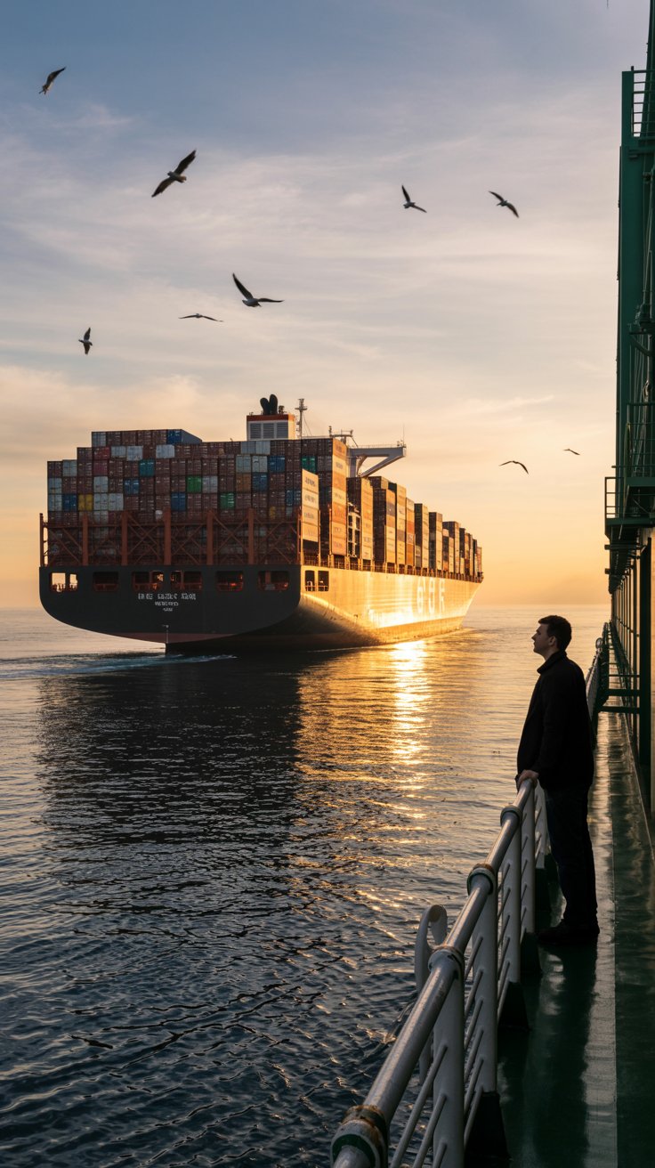 A massive cargo freighter glides through calm, open ocean under a soft golden sunrise, its towering stacked shipping containers glowing with morning light; a single passenger stands at the ship’s rail, gazing toward the horizon; seagulls circle high above in the quiet, expansive sky.