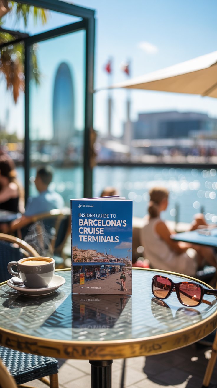 A vibrant lifestyle advertisement showcasing a modern travel guide titled "Insider Guide to Barcelona's Cruise Terminals" displayed prominently on a sun-drenched outdoor cafe table in Barcelona. The guide rests on a textured wooden surface alongside a steaming cup of coffee and a pair of stylish sunglasses, with the bustling Barcelona harbor visible through the cafe's glass windows in the background, capturing a scene of relaxed travel exploration. The scene is bathed in bright, natural sunlight, creating a bokeh effect in the harbor, and the text "Insider Guide to Barcelona's Cruise Terminals" is subtly aligned to the left of the frame, maintaining a clean and inviting aesthetic that evokes wanderlust and effortless discovery. The overall mood is optimistic, sophisticated, and aspirational, appealing to travelers seeking insider knowledge and a taste of authentic Barcelona experiences.