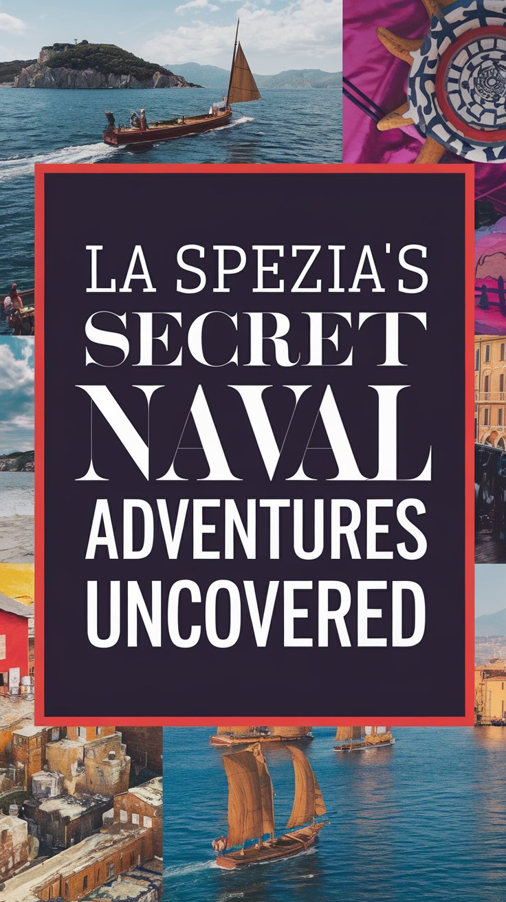 La Spezia’s Secret Naval Adventures Uncovered; a bold white headline in thick, distinctive lettering set inside a large dark box, surrounded by a collage of vibrant, realistic images that evoke mystery and maritime intrigue.