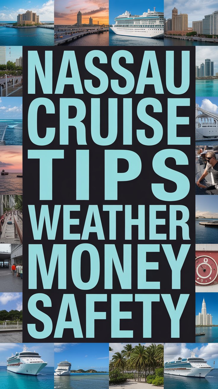 Bold white text in a dark box reads "Nassau Cruise Tips Weather Money Safety," surrounded by a vibrant collage of travel-themed images.