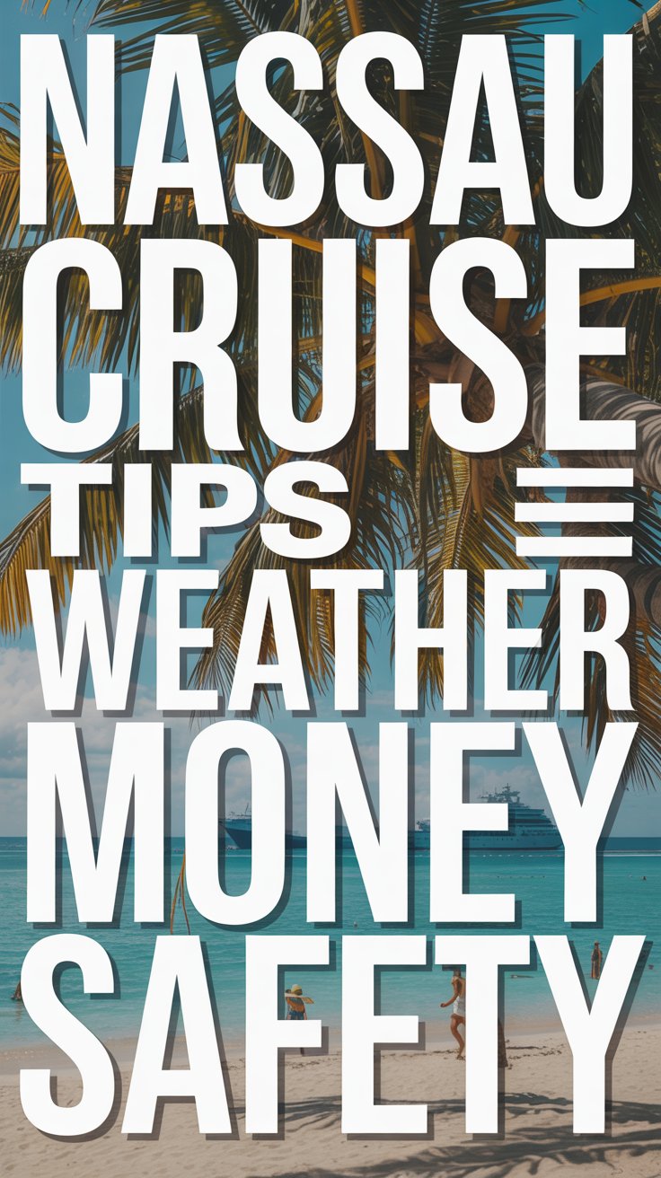 Bold white text in a dark box reads "Nassau Cruise Tips Weather Money Safety," surrounded by a vibrant collage of travel-themed images.
