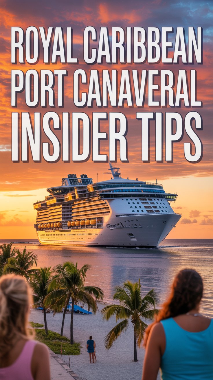 A vibrant travel poster featuring a Royal Caribbean cruise ship sailing into a sunset at Port Canaveral, with palm trees and a tropical beach in the background.