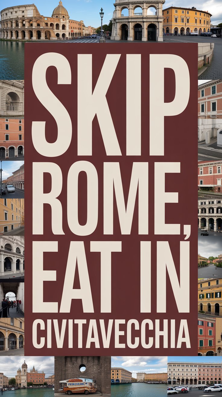 Bold white text in a dark box reading "Skip Rome, Eat in Civitavecchia" stands out against a vibrant collage of enticing food and travel images.