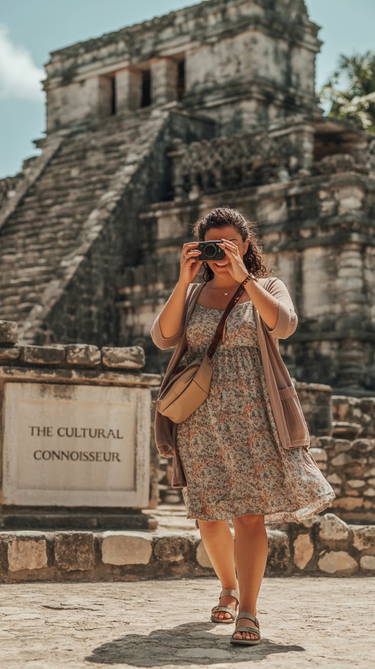 A sun-drenched, candid photograph of a casually dressed woman exploring the ancient Mayan ruins of San Gervasio in Cozumel, Mexico. She wears a flowing, knee-length sundress with a subtle floral pattern, complemented by a lightweight cardigan draped over her shoulders and comfortable walking sandals, embodying a practical yet stylish traveler. A tan crossbody bag rests securely on her shoulder, allowing her hands to remain free for capturing memories, while the weathered stone structures of the ruins create a textured backdrop. Warm, natural light illuminates the scene, highlighting the rich colors of the dress and the intricate details of the Mayan architecture, suggesting a sense of discovery and cultural immersion with the inscription "The Cultural Connoisseur" subtly etched into a nearby stone tablet.