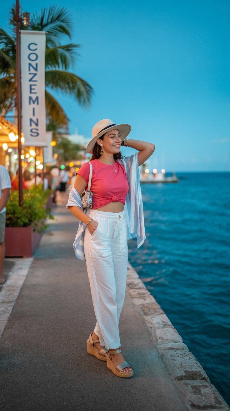 A vibrant travel photograph captures a stylish woman enjoying an evening along the malecón in Cozumel, Mexico. She exudes effortless chic in trendy white linen pants, a bright crop tee, and comfortable wedge sandals, accessorized with a small crossbody bag and a light wrap against the ocean breeze, all while wearing an elegant sun hat. The setting showcases a lively waterfront scene with softly glowing restaurant lights and glimpses of the turquoise Caribbean Sea, creating a warm and inviting atmosphere. The scene is framed with palm trees swaying gently in the background, subtly suggesting “Cozumel Nights” written on a nearby banner.