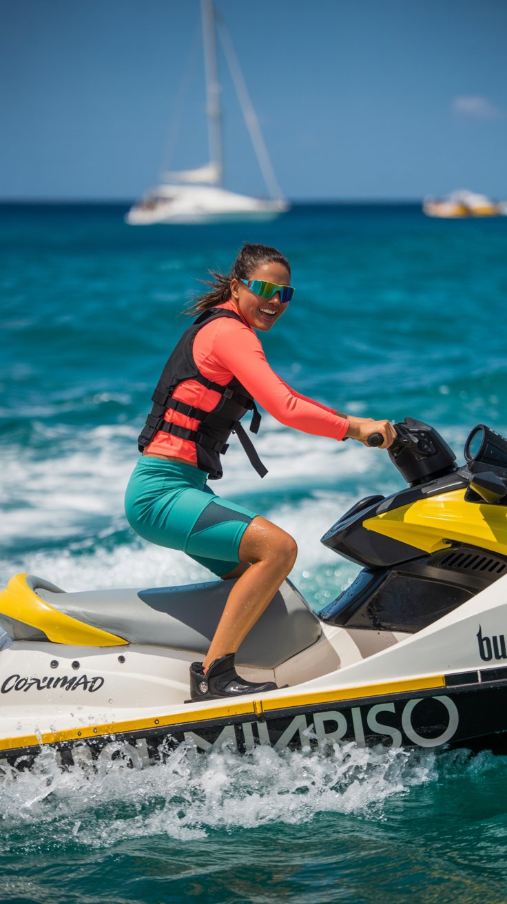 A vibrant, sun-drenched photograph captures a casually dressed woman enjoying a day of water sports in Cozumel, Mexico. She’s actively jet skiing, her face alight with exhilaration, wearing a secure-fitting black swimsuit paired with quick-dry teal board shorts, and protective neoprene water shoes. Her athletic sunglasses are secured with a strap, and a bright coral rash guard shields her skin from the sun, while turquoise waves and a distant catamaran gently bob in the background. The scene is bathed in the warm glow of the midday sun, creating a sense of adventure and tropical bliss.