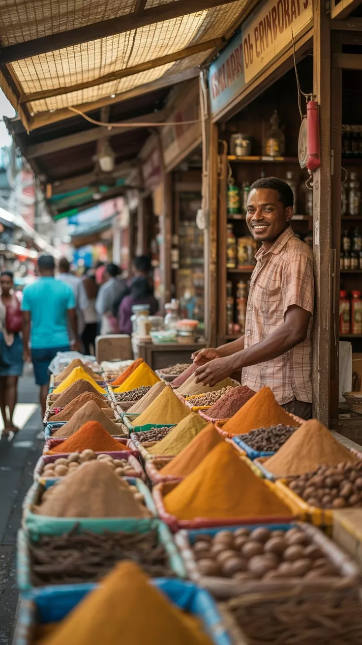 Una fotografia che cattura la vibrante energia dei mercati delle spezie di Grenada. Una bancarella di legno invecchiato trabocca di cumuli colorati di noce moscata, cannella, chiodi di garofano e curcuma, creando un ricco arazzo di consistenze e aromi. Un venditore sorridente, vestito con una tradizionale camicia di Madras, si erge fiero dietro la bancarella, illuminato dal caldo sole pomeridiano che filtra attraverso una tenda intrecciata. Sullo sfondo, figure sfocate di acquirenti locali contribuiscono a creare un'atmosfera vivace, il tutto senza alcun testo o parola visibile.
