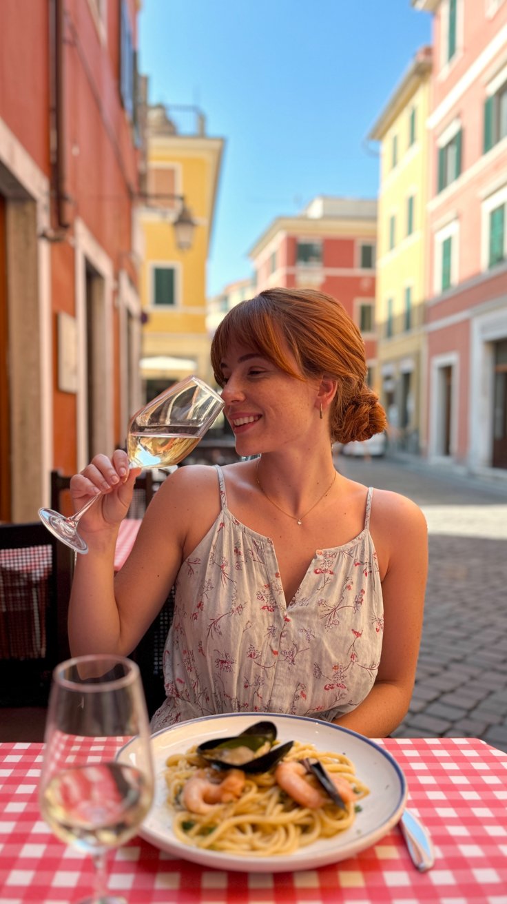 A photograph of a woman enjoying a meal at a charming trattoria in Civitavecchia. She has auburn hair pulled back into a loose bun and is wearing a flowing linen sundress with a delicate floral pattern, seated at a table adorned with a checkered tablecloth. A plate of pasta with fresh seafood sits before her, and a glass of chilled white wine rests nearby. The background features a picturesque view of cobblestone streets and colorful buildings bathed in the warm glow of the Italian sun.