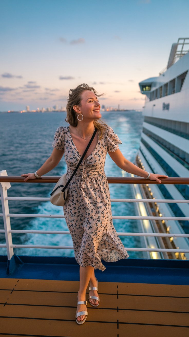 woman wearing trendy midi dress, flat sandals, loop earrings, cross body bag in Miami at sunset on a cruise ship.