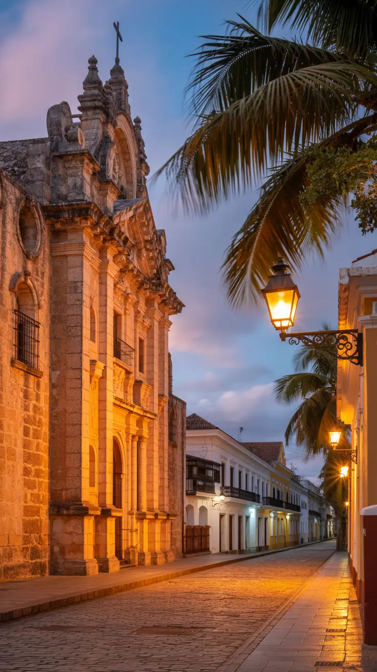 A high-resolution photograph captures the warm golden light of dawn spilling over the cobblestone streets of Santo Domingo’s Colonial Zone. In the foreground, the ornate stone facade of the First Cathedral of the Americas stands proudly, its weathered textures glowing with centuries of history. Framed by swaying palm trees and accented by iron lanterns, the scene extends to reveal hints of the first paved road and colonial homes with terracotta rooftops. The atmosphere is tranquil, with soft shadows adding depth and a timeless feel—an image that echoes the birth of the New World.