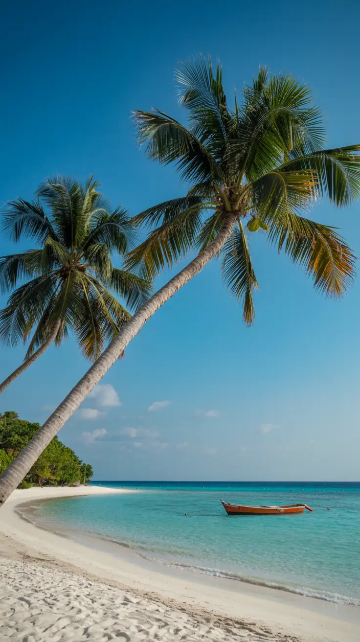 A pristine crescent-shaped beach with powdery white sand curves along turquoise-blue waters, framed by two gently leaning palm trees with swaying fronds, and a small wooden fishing boat floating peacefully near the shore.