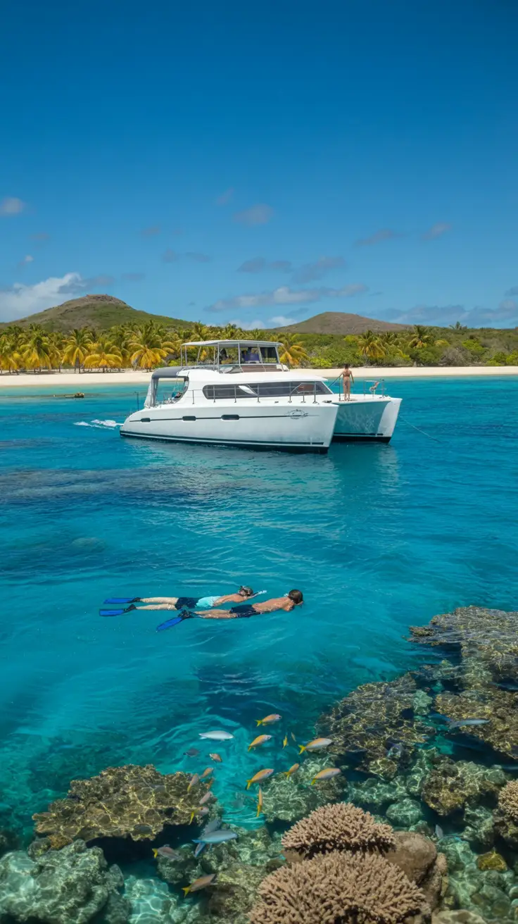 A sleek white catamaran floats on crystal-clear turquoise waters near a pristine, palm-lined beach on Saona Island, with two snorkelers exploring a vibrant coral reef teeming with colorful fish in the foreground, and the soft, distant hills of Catalina Island visible under a radiant blue sky.