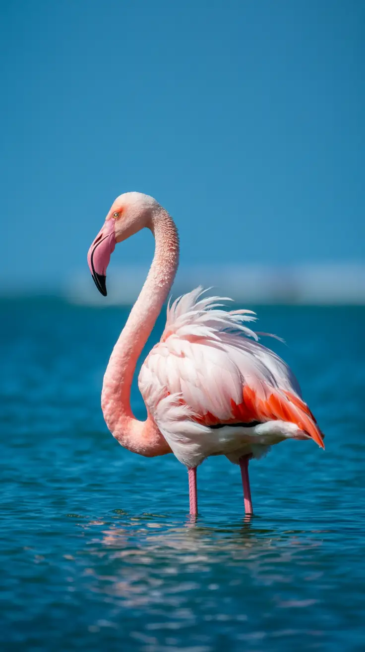 A vibrant flamingo wades through shallow turquoise waters under a clear blue sky, its pink feathers glowing in the bright sunlight.