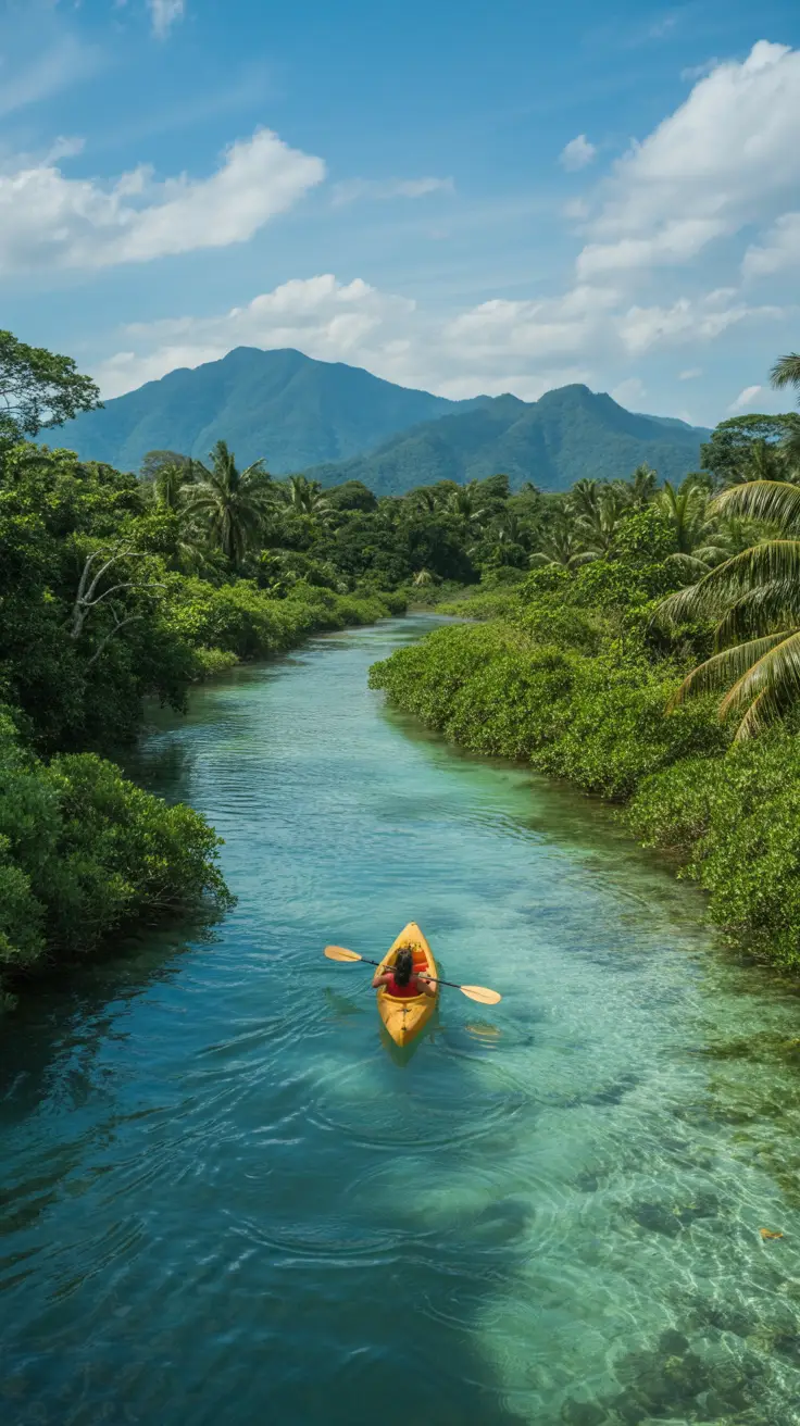 A bright, sunny day shines over a crystal-clear river winding through lush green jungle; a single kayak glides gently on the water, with distant mountains framing the horizon.