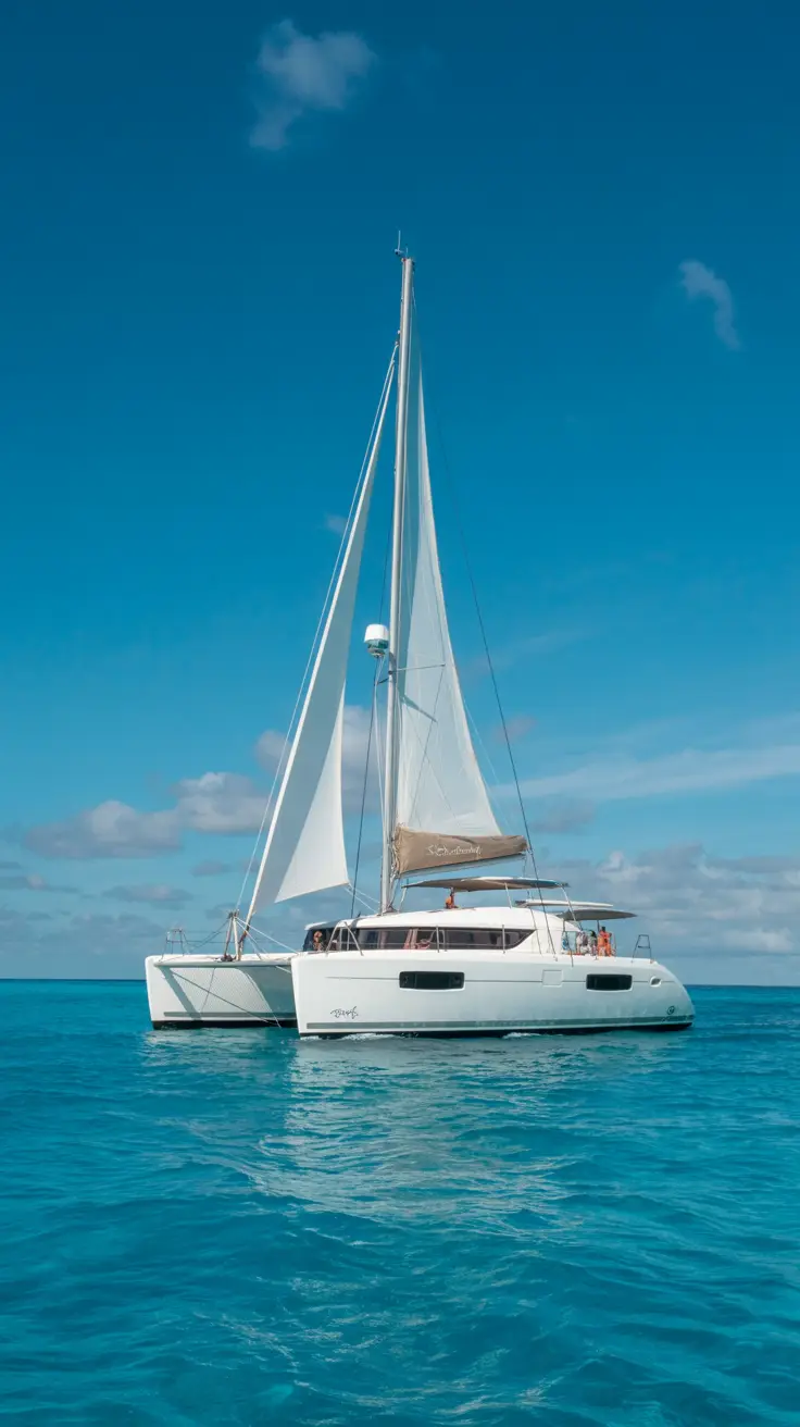 A sleek white catamaran glides over crystal-clear turquoise water near Saona Island, its sails catching the wind under a cloudless, bright blue sky.