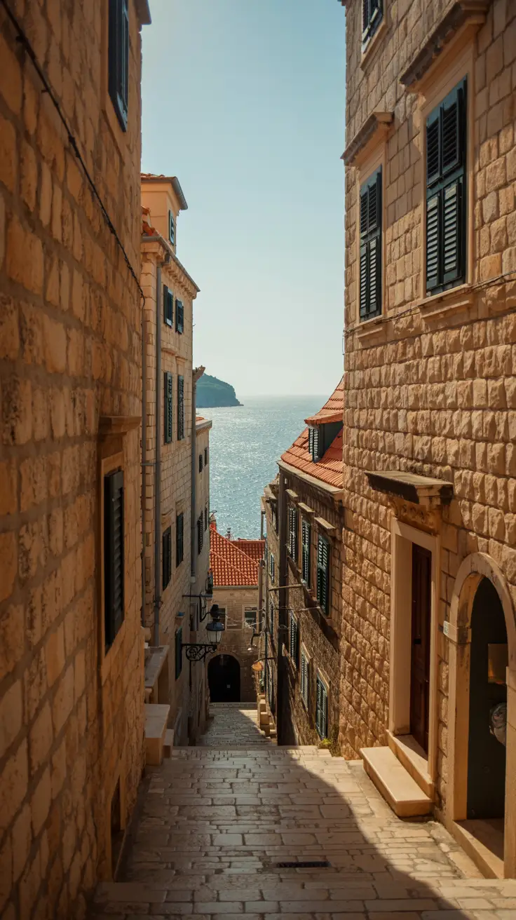 A narrow stone alleyway in Dubrovnik, bathed in golden sunlight, with ancient walls casting soft shadows and a glimpse of the shimmering Adriatic Sea in the distance.