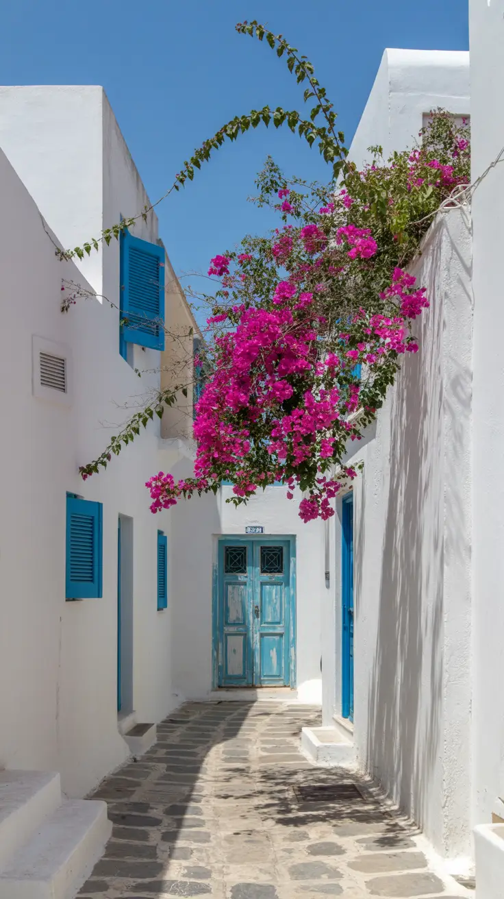A narrow, sun-dappled alleyway winds between whitewashed buildings with curved edges and cobalt-blue shutters; a single burst of magenta bougainvillea spills down from a balcony above, casting delicate shadows on the stone path below; at the alley’s end, a faded turquoise door stands slightly ajar, hinting at the secrets beyond.
