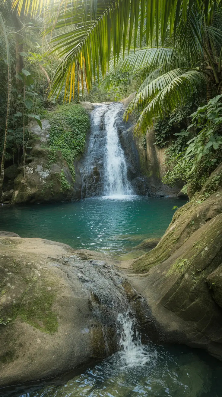 A lush tropical jungle with sunlight filtering through palm fronds frames a crystal-clear waterfall cascading into a turquoise pool, with moss-covered rocks in the misty foreground and a second, smaller cascade flowing down rugged stone beside the main falls.
