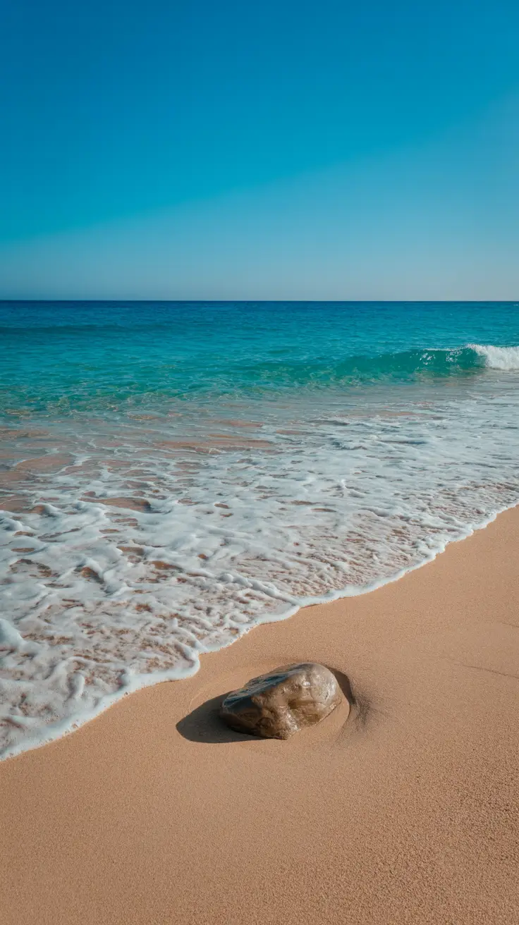 A high-resolution photo of crystal-clear turquoise waves gently lapping against soft, golden sand, with a single smooth rock in the foreground under a cloudless blue sky.