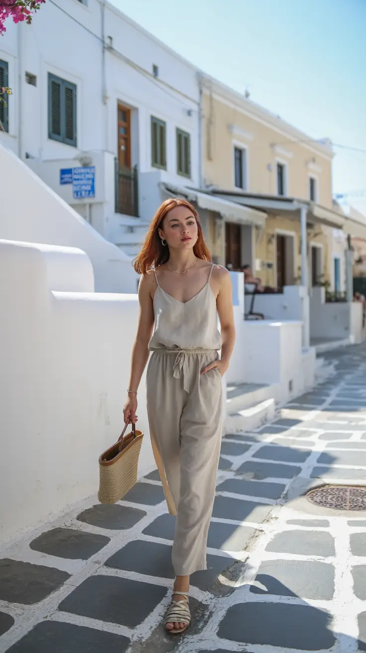 A woman strolls past whitewashed buildings in Plaka, wearing a breezy linen jumpsuit and strappy sandals, sun casting soft shadows on the cobbled path.