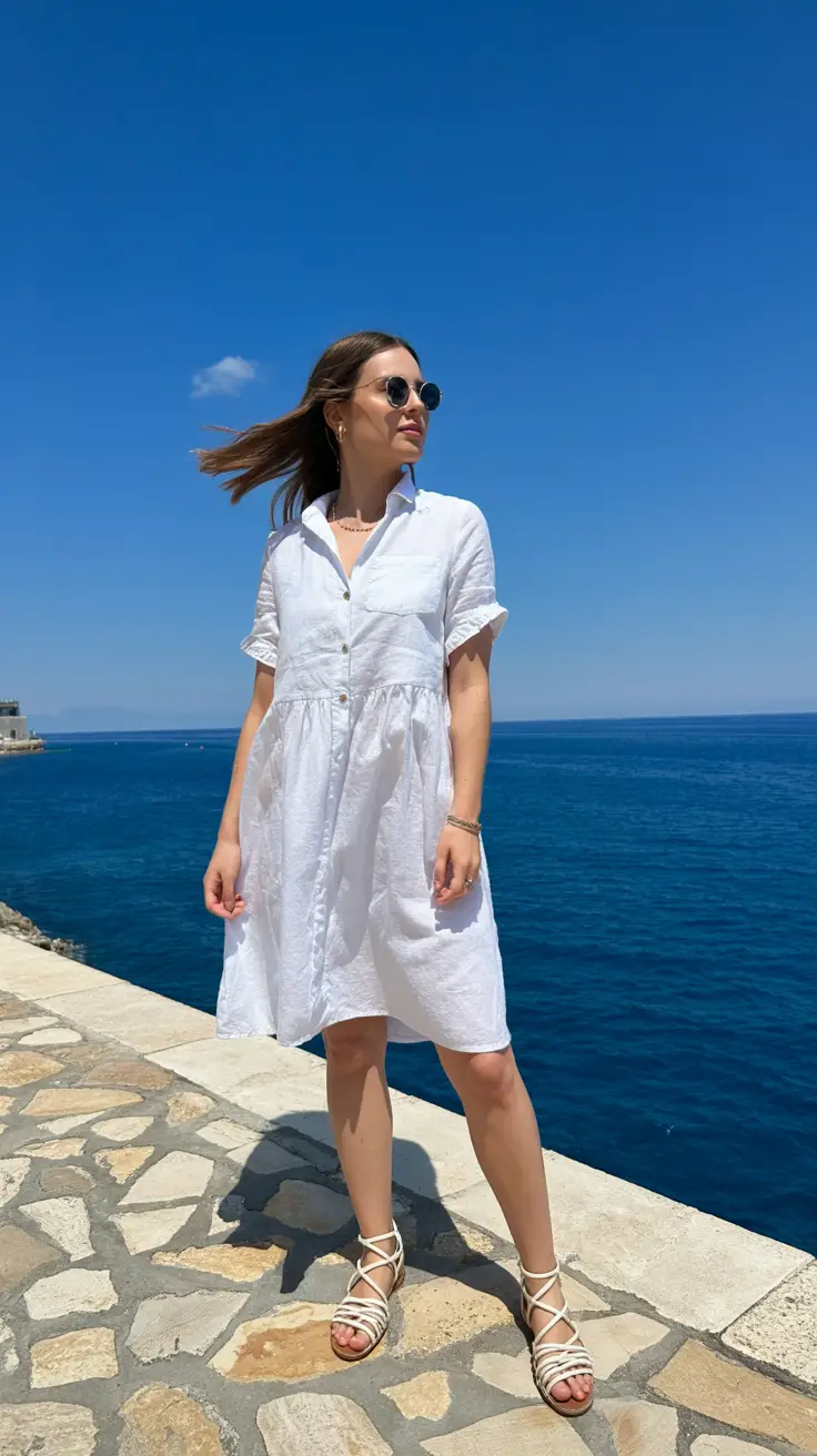A woman stands on a sun-drenched stone walkway overlooking the Adriatic Sea, wearing a white linen dress, round sunglasses, and strappy sandals—her hair catching the breeze beneath the brilliant blue sky.
