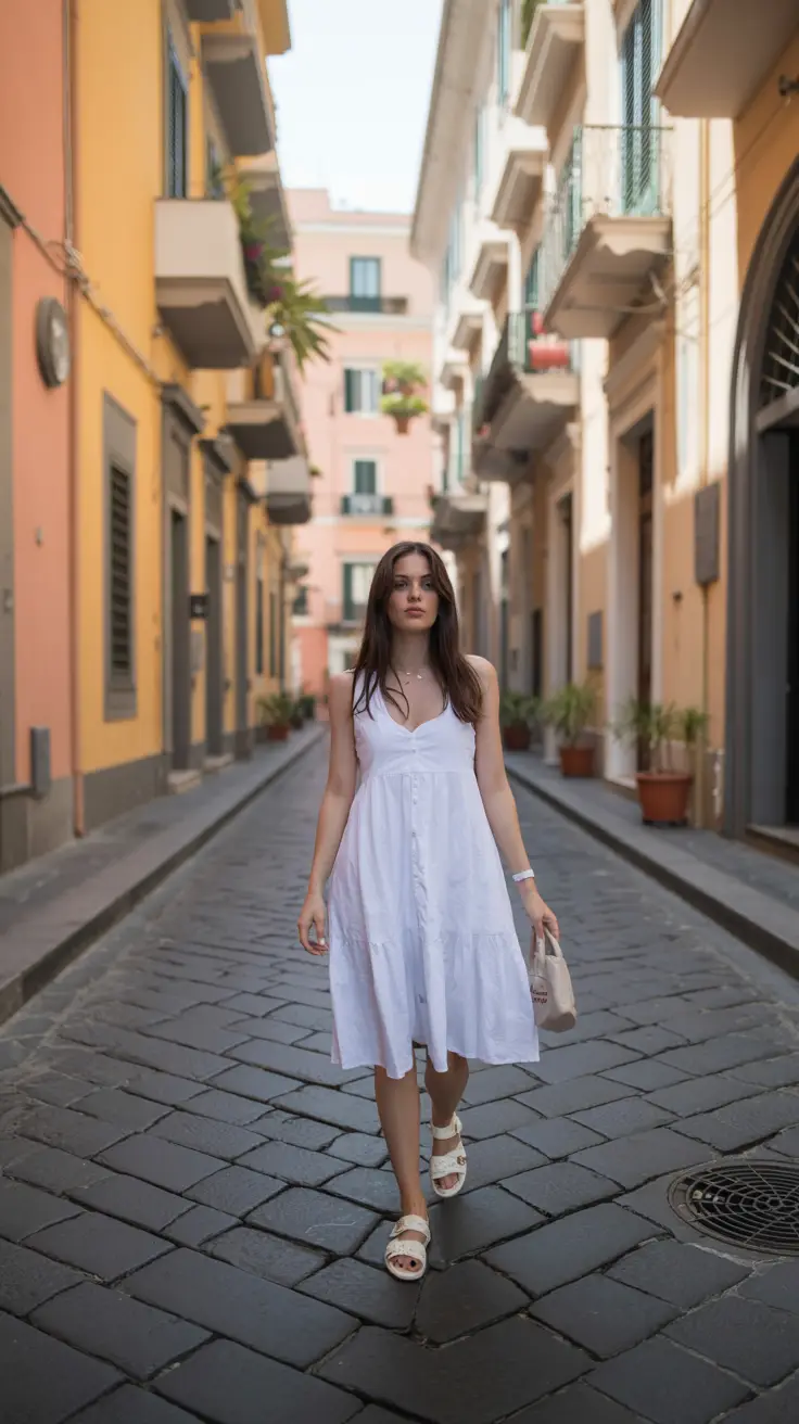 A young woman strolls down a narrow cobblestone street in Naples, wearing a breezy white linen dress and chic sandals, sunlight dancing on the pastel buildings behind her.