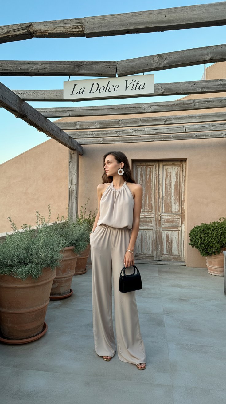 A photograph of a woman standing gracefully on a Mediterranean-style patio, centered beneath a weathered wooden pergola. She is wearing a flowing beige halter-neck jumpsuit, accessorized with large white circular earrings and a small black handbag held casually in her hand, her gaze directed towards "La Dolce Vita". The patio features large terracotta planters overflowing with silvery-green Mediterranean plants, alongside a weathered wooden door with peeling paint and a smooth concrete floor, all bathed in the warm, golden light of late afternoon. Exposed wooden beams of the pergola cast soft shadows, creating a luxurious, resort-like atmosphere that evokes a sense of relaxed elegance.